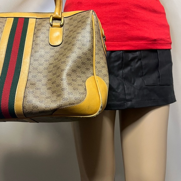 Gucci Vintage Micro GG Sherry Line Boston Bag - Rare Mustard Trim- Crest Charm- - Picture 7 of 15